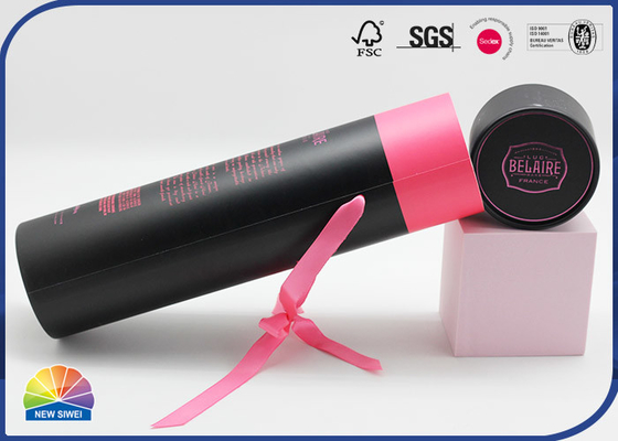 Wine Bottle Paper Packaging Tube Matte Lamination With Ribbon Handles